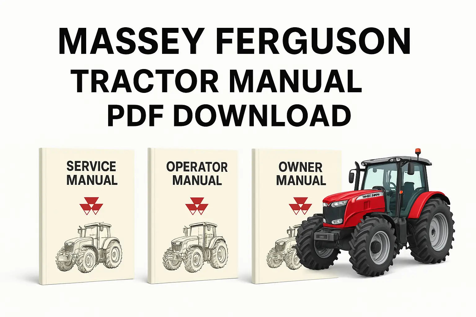 Massey Ferguson tractor manuals PDF download cover image showing Service Manual, Operator Manual, and Owner Manual with a red Massey Ferguson tractor illustration.
