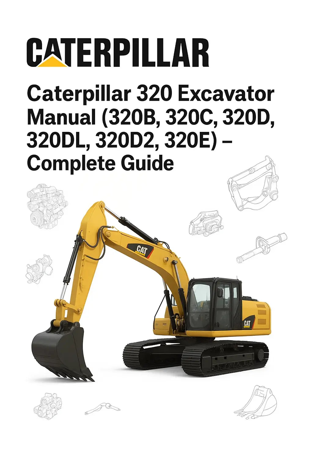 Caterpillar 320 Excavator Manual (320B, 320C, 320D, 320DL, 320D2, 320E) – Complete Guide cover page with a yellow CAT 320 excavator image, white background, and ManualsBay.com branding.