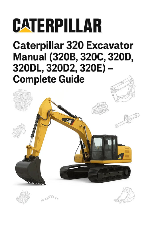 Caterpillar 320 Excavator Manual (320B, 320C, 320D, 320DL, 320D2, 320E) – Complete Guide cover page with a yellow CAT 320 excavator image, white background, and ManualsBay.com branding.