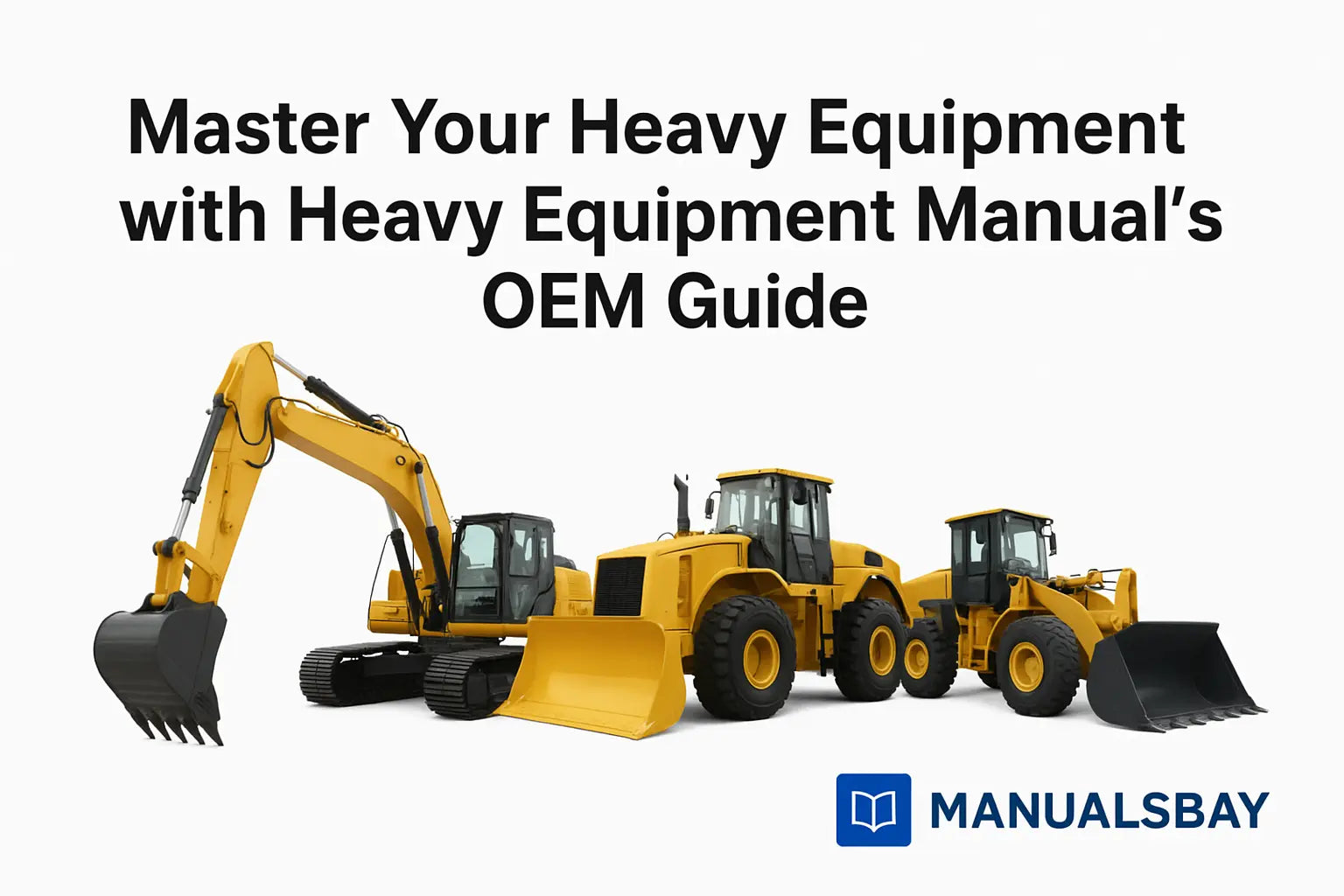 Heavy equipment OEM manuals guide with excavator, bulldozer, and wheel loader on white background – ManualsBay service repair manual download