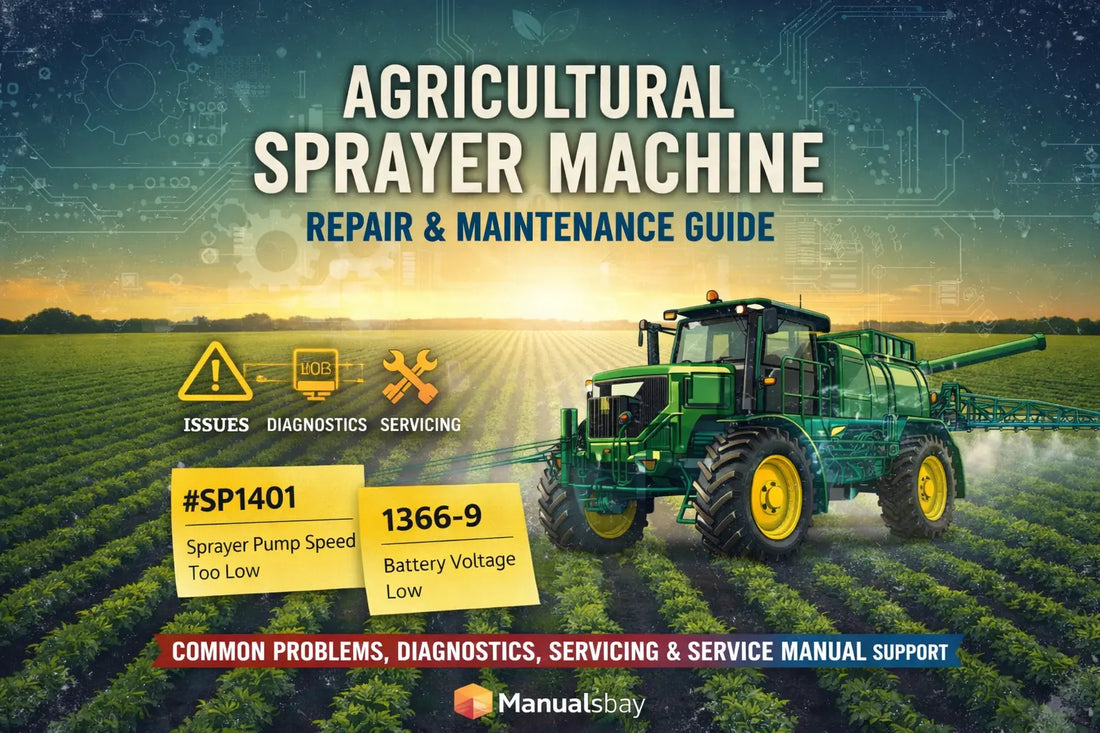 Agricultural sprayer machine repair and maintenance diagram showing pump hydraulic system and nozzle layout with service manual guidance