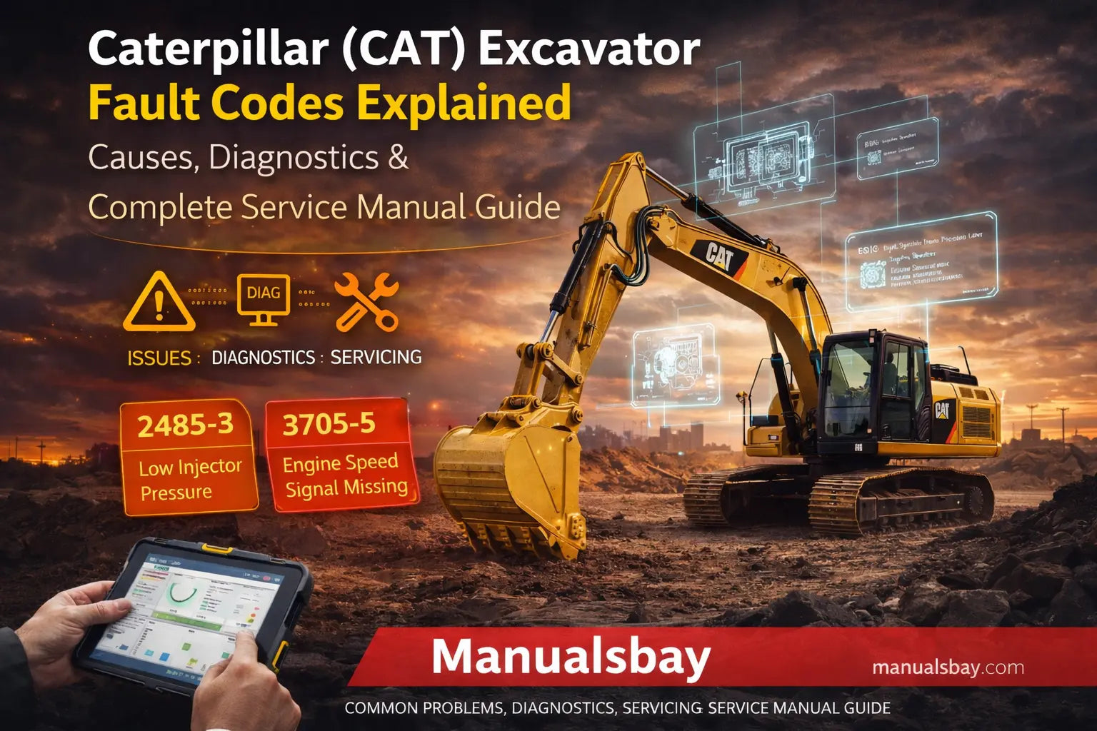 Caterpillar CAT excavator fault codes explained with engine, hydraulic and electrical diagnostic diagrams