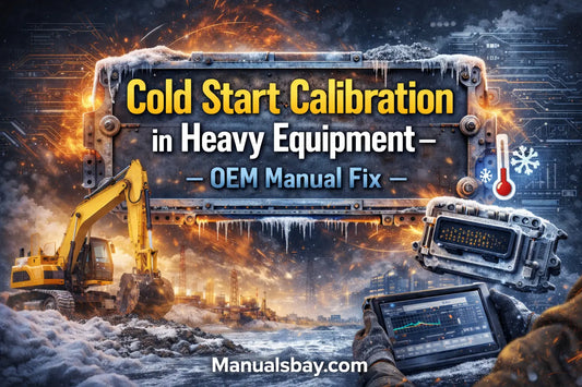 Cold start calibration in heavy equipment showing ECU temperature-based fuel and timing adjustment using OEM service manuals