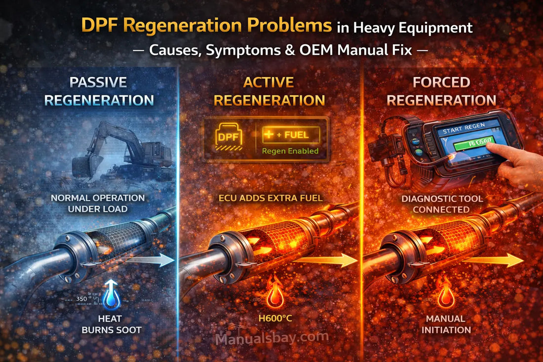 Comparison diagram showing passive, active, and forced DPF regeneration stages in heavy equipment with OEM manual based repair guidance