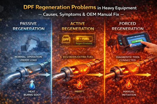 Comparison diagram showing passive, active, and forced DPF regeneration stages in heavy equipment with OEM manual based repair guidance