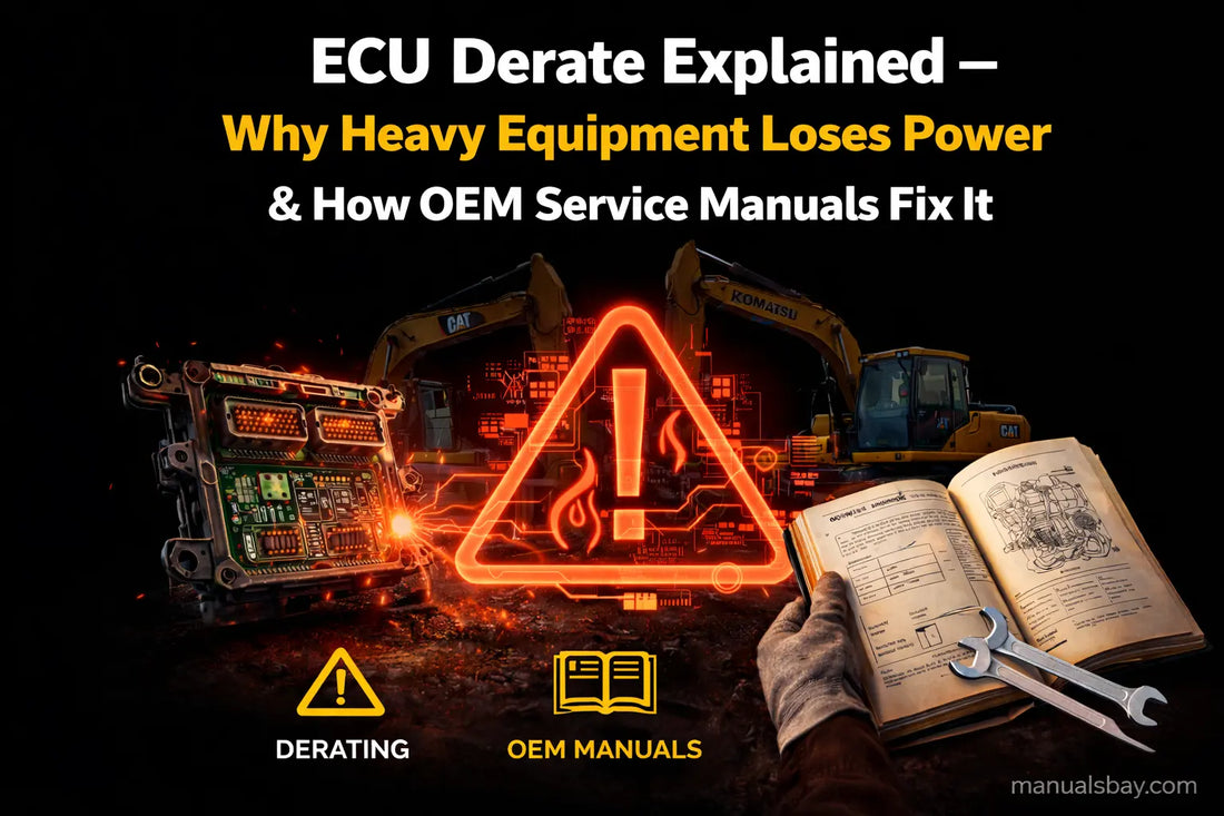 ECU derate explained showing heavy equipment engine power reduction and diagnostic diagrams