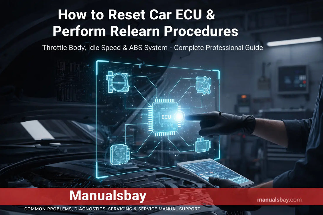 Car ECU reset and relearn procedure diagram showing throttle body calibration, idle control system and ABS components