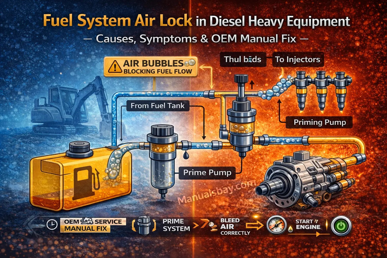 Fuel system air lock in diesel heavy equipment showing air bubbles blocking fuel flow and OEM manual based repair process