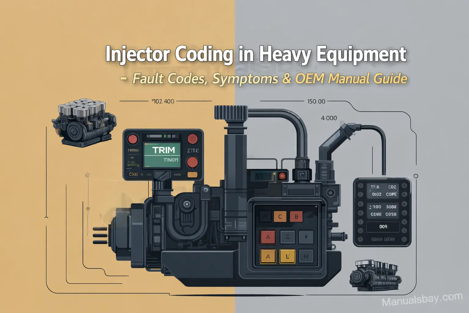 Injector coding in heavy equipment showing trim code programming with OEM service manual based diagnostics
