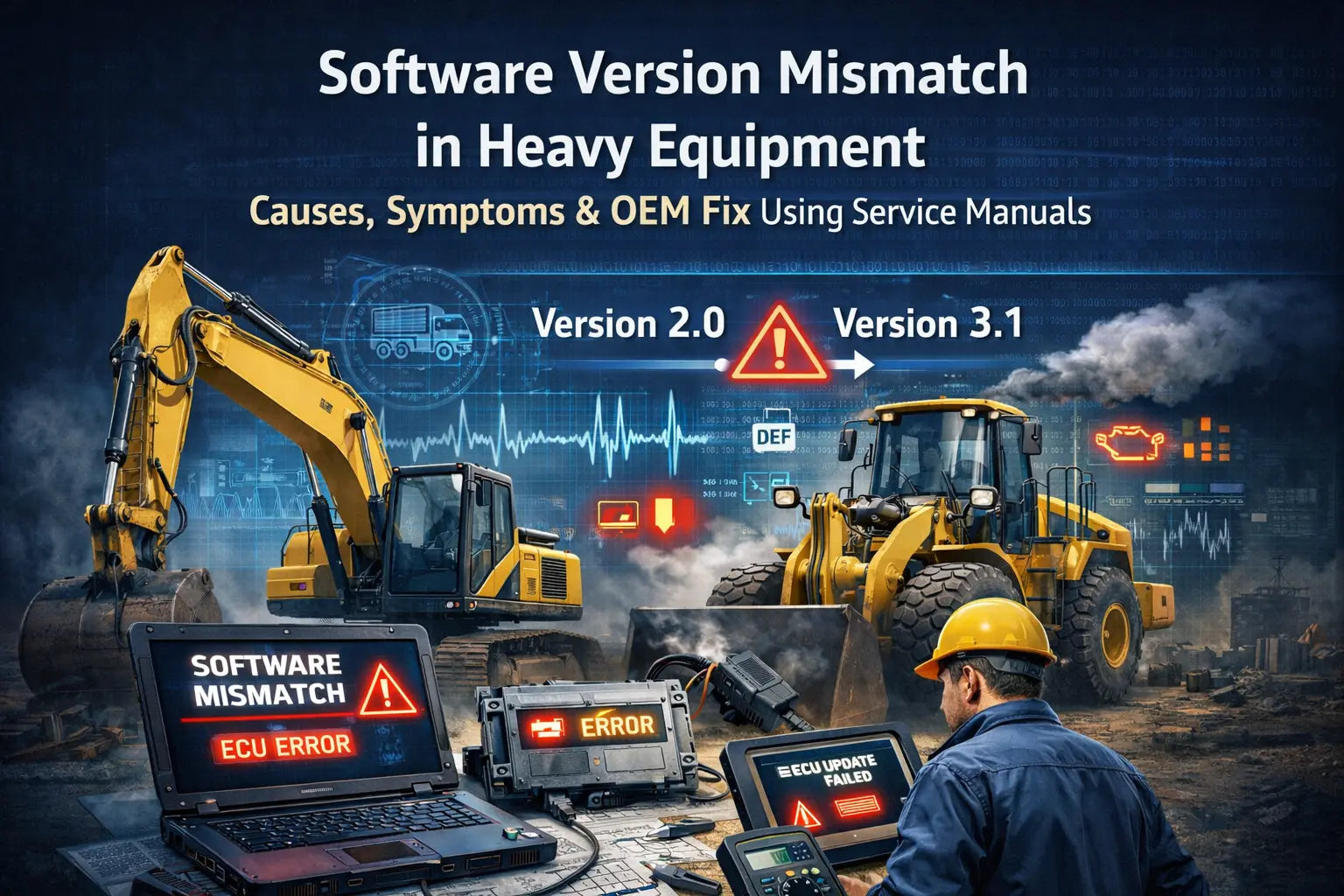 Software version mismatch error in heavy equipment ECU with diagnostic and programming process