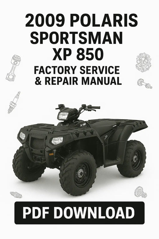 2009 Polaris Sportsman XP 850 Factory Service & Repair Manual PDF Download on a white background with ATV illustration.
