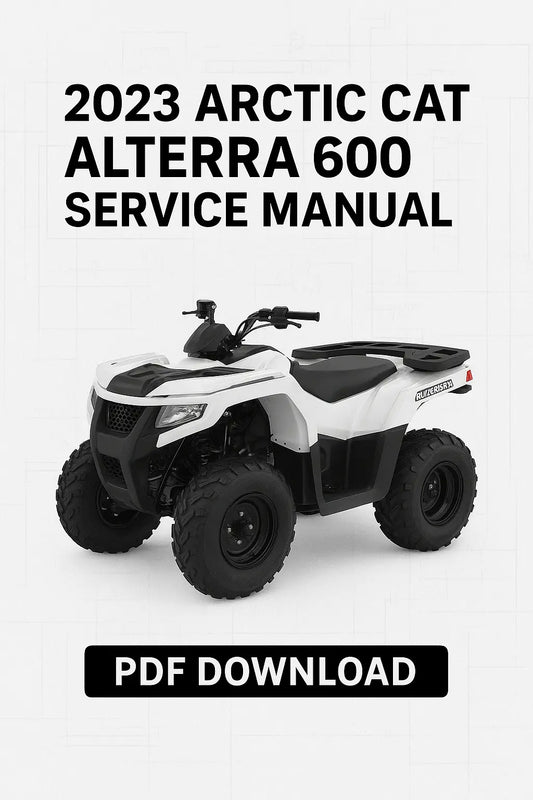 2023 Arctic Cat Alterra 600 ATV with text about a service manual PDF download on a white background