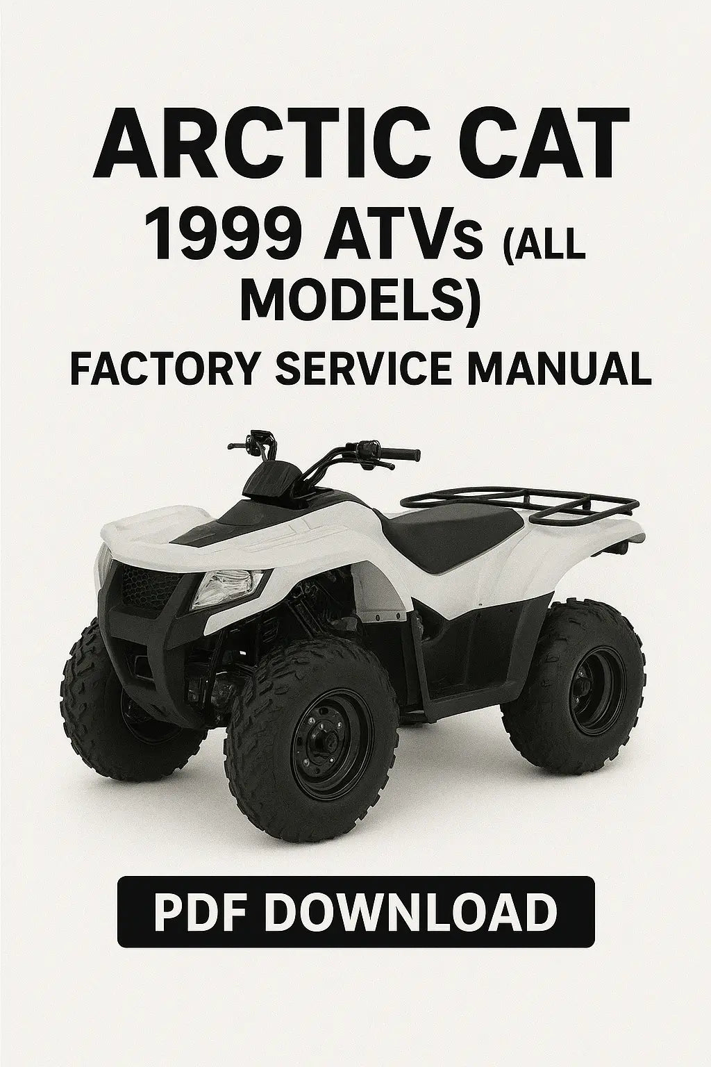 Arctic Cat ATV on a white background with text about factory service manual download.