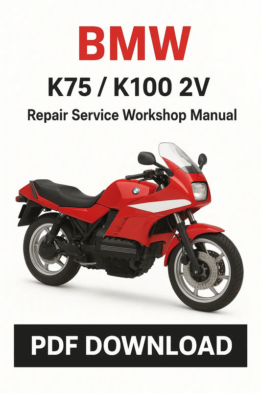 Red BMW motorcycle with repair service workshop manual text on a white background