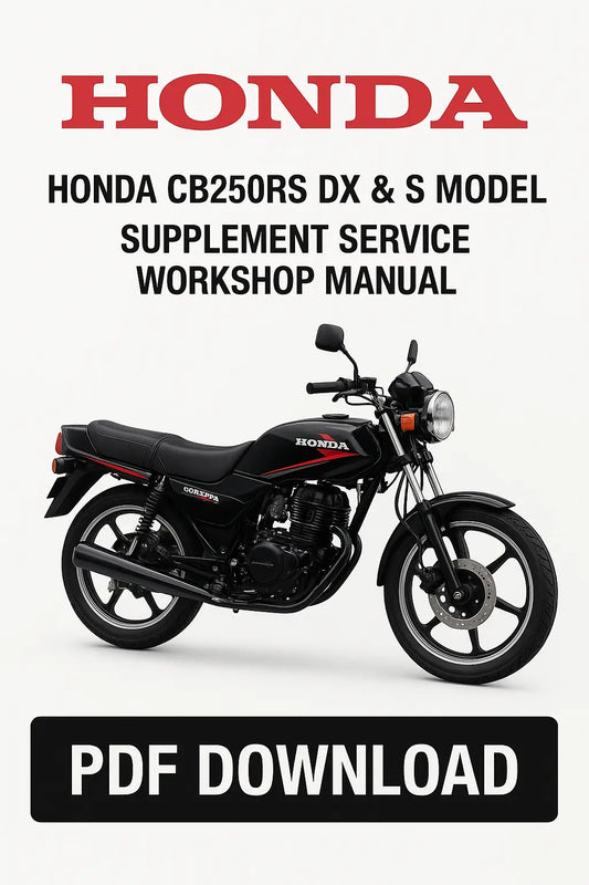 Honda CB250RS DX & S Model Supplement Service Workshop Manual PDF Download on a white background with Honda logo.