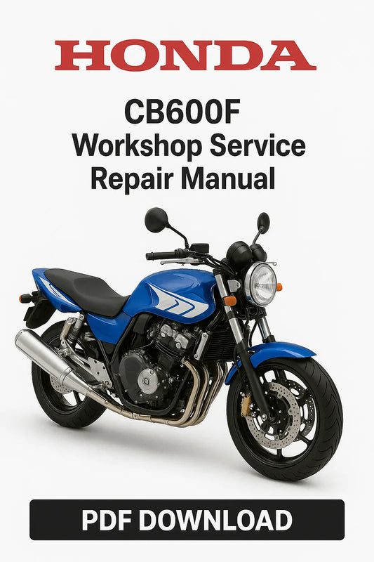 Honda CB600F workshop service repair manual PDF download on a white background with a blue motorcycle.