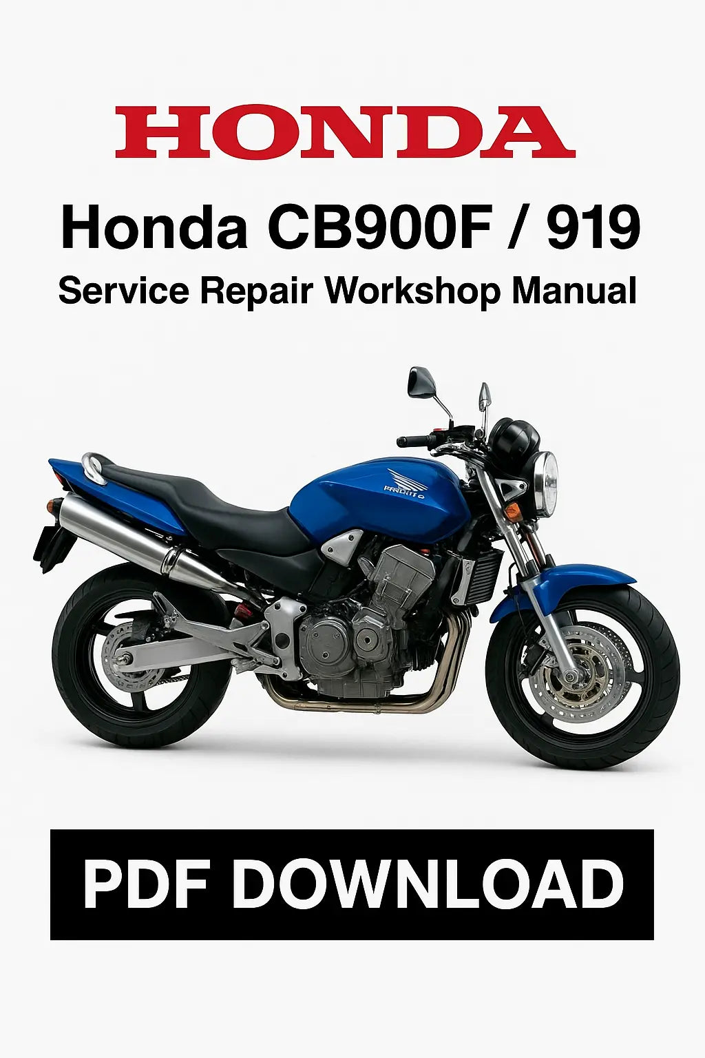 Honda CB900F/919 service repair workshop manual PDF download with a blue motorcycle on a white background.