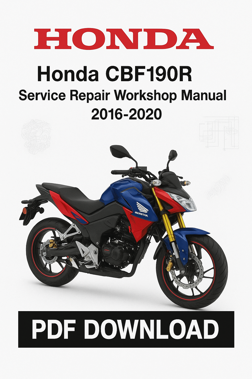 Honda CBF190R service repair workshop manual cover with motorcycle image on a white background