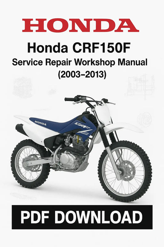 Honda CRF150F service repair workshop manual cover with a motorcycle on a white background