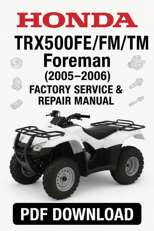 Honda TRX500FE/FM/TM Foreman service and repair manual cover with a white ATV on a gray background.
