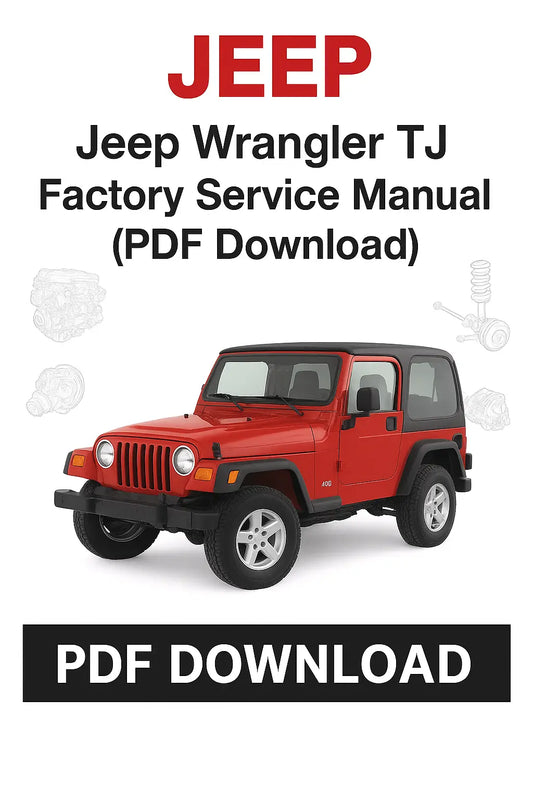 Advertisement for Jeep Wrangler TJ Factory Service Manual with a red Jeep on a white background.