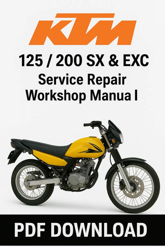KTM 125/200 SX & EXC service repair workshop manual PDF download on a white background with a yellow motorcycle.