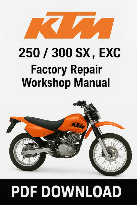 KTM 250/300 SX, EXC Factory Repair Workshop Manual PDF Download on a white background with KTM logo.