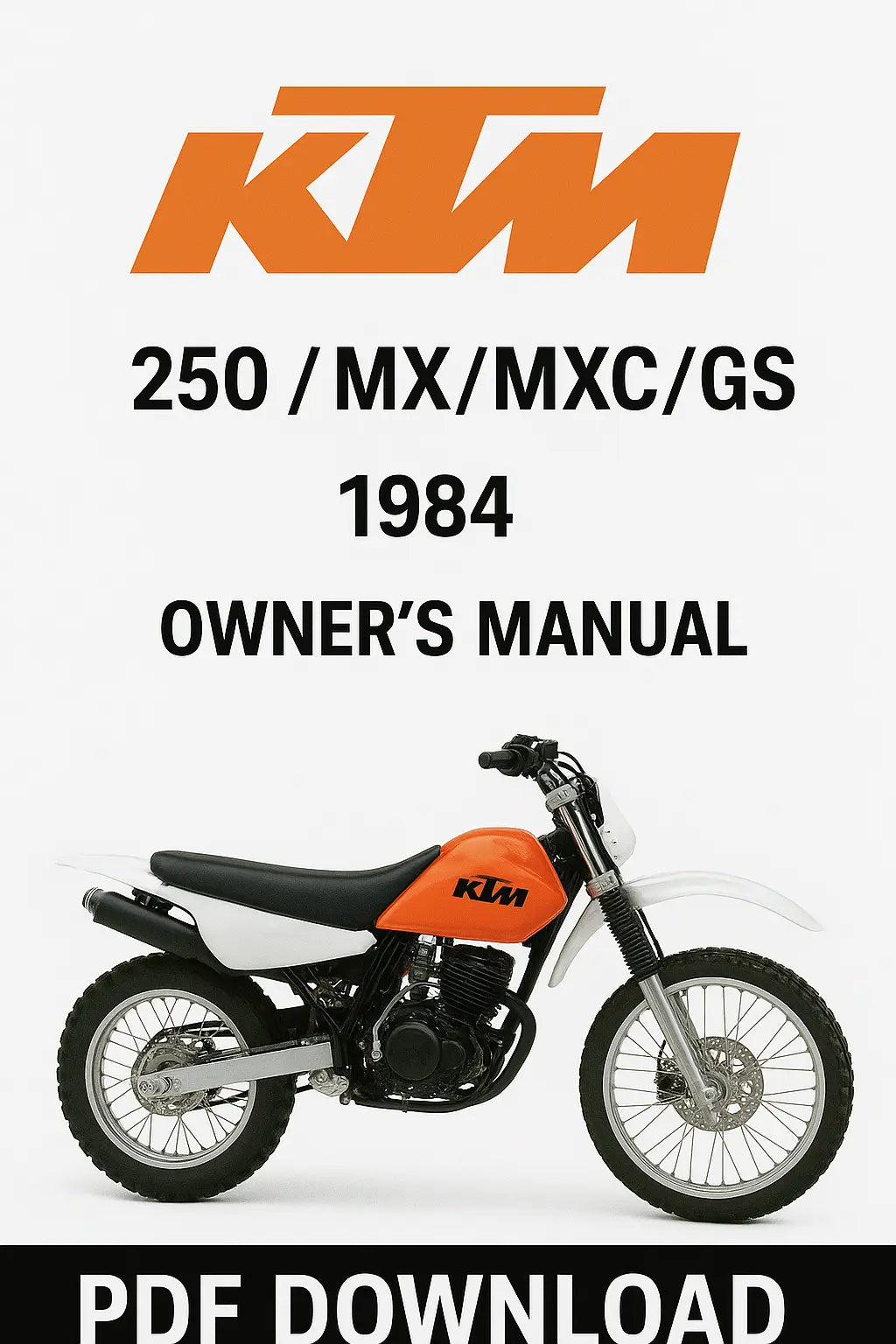 KTM 250 MX/MXC/GS 1984 owner's manual cover with motorcycle illustration and KTM logo.