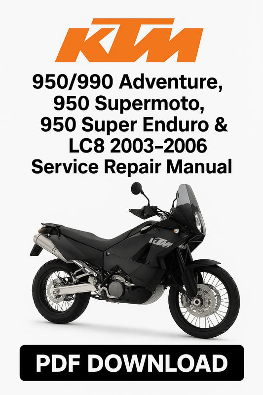 KTM motorcycle with text about service repair manual for various models on a white background