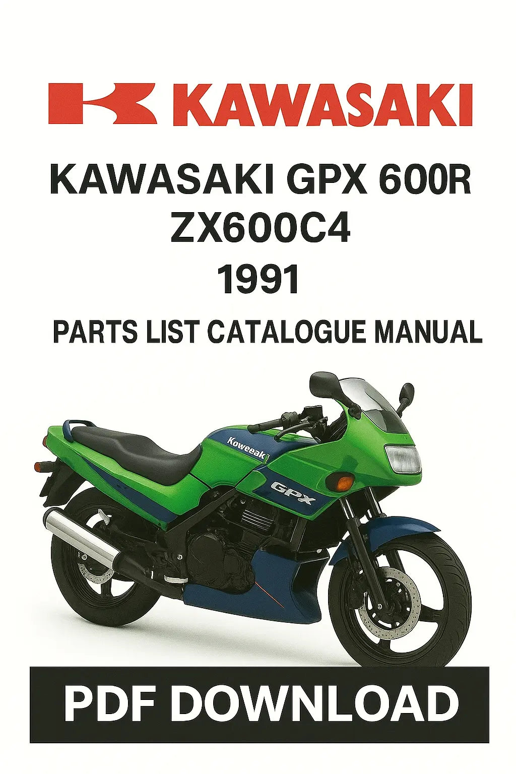 Kawasaki GPX 600R ZX600C4 1991 parts list catalogue manual cover with green motorcycle.