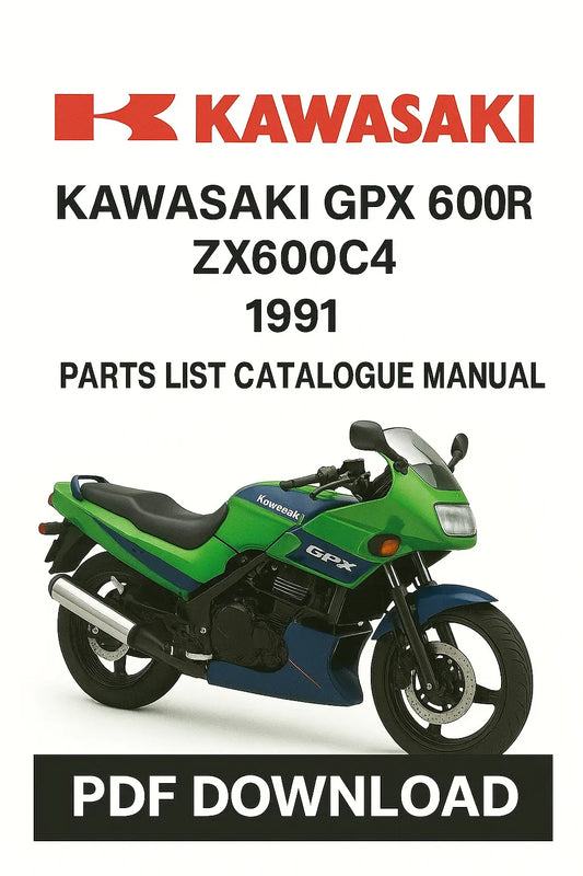 Kawasaki GPX 600R ZX600C4 1991 parts list catalogue manual cover with green motorcycle.