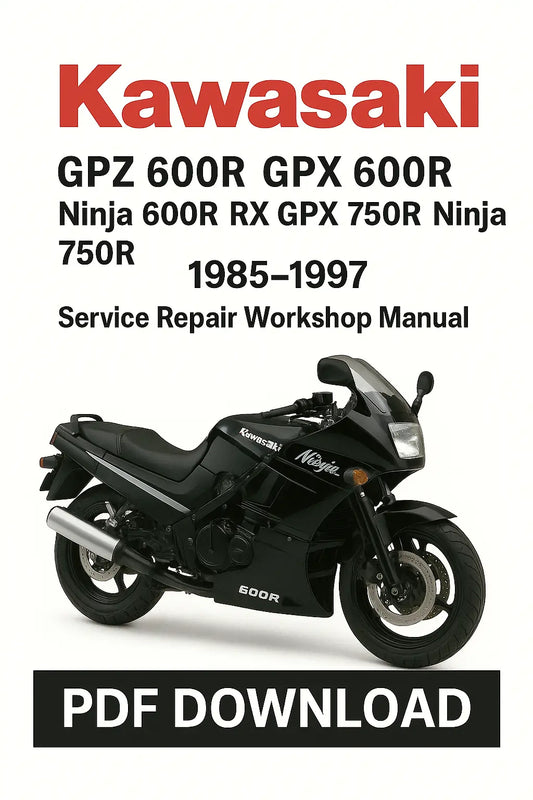 Kawasaki motorcycle service repair workshop manual cover with model names and years on a white background.