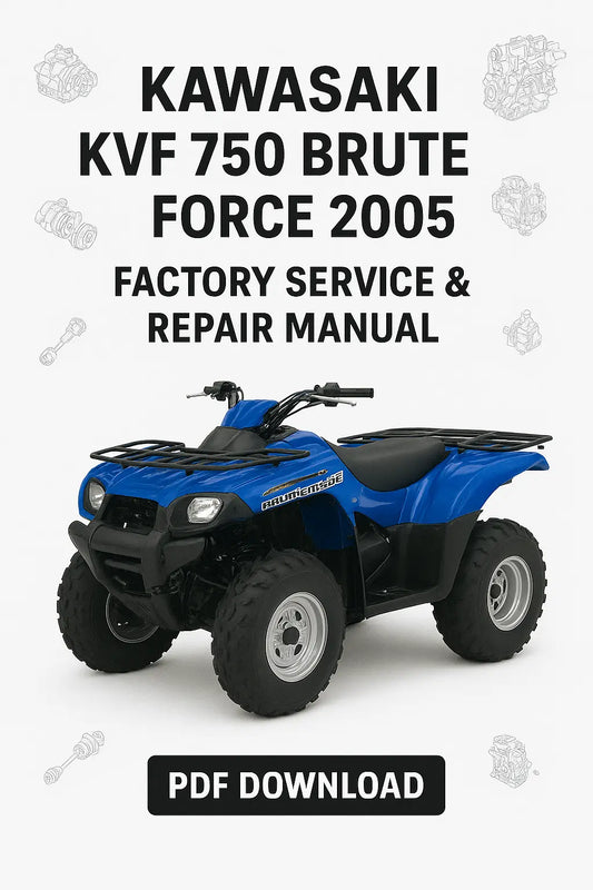 Blue Kawasaki ATV with text about a factory service and repair manual for KVF 750 Brute Force 2005.