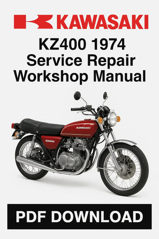 Kawasaki KZ400 1974 Service Repair Workshop Manual PDF Download on a white background with a motorcycle image.