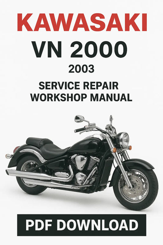 Kawasaki VN 2000 2003 Service Repair Workshop Manual PDF Download on a white background with a motorcycle image.
