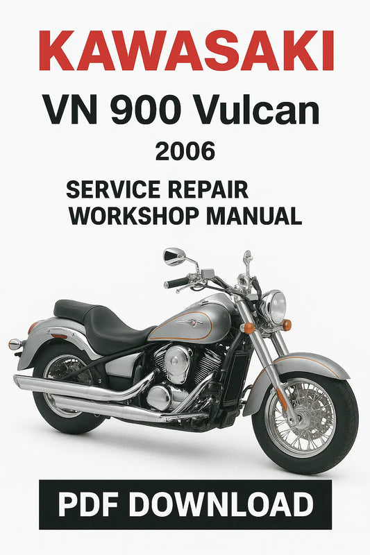 Kawasaki VN 900 Vulcan 2006 service repair workshop manual PDF download on a white background with motorcycle image.