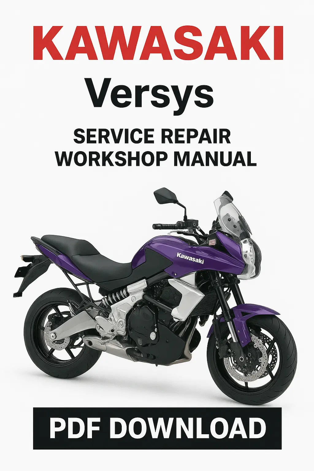 Kawasaki Versys service repair workshop manual PDF download on a white background with a purple motorcycle.