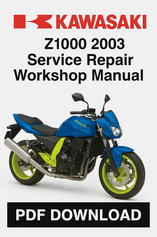 Kawasaki Z1000 2003 Service Repair Workshop Manual PDF Download on a white background with a blue motorcycle.