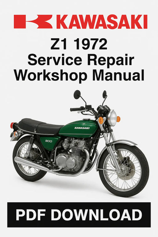 Kawasaki Z1 1972 Service Repair Workshop Manual PDF Download on a white background with Kawasaki logo.