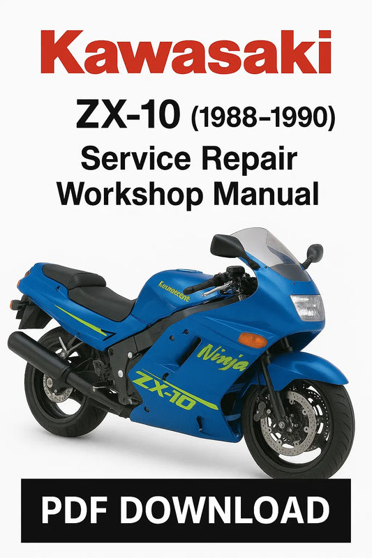 Kawasaki ZX-10 service repair workshop manual cover with a blue motorcycle on a white background
