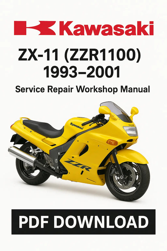 Kawasaki ZX-11 (ZZR1100) 1993-2001 service repair workshop manual cover with a yellow motorcycle.