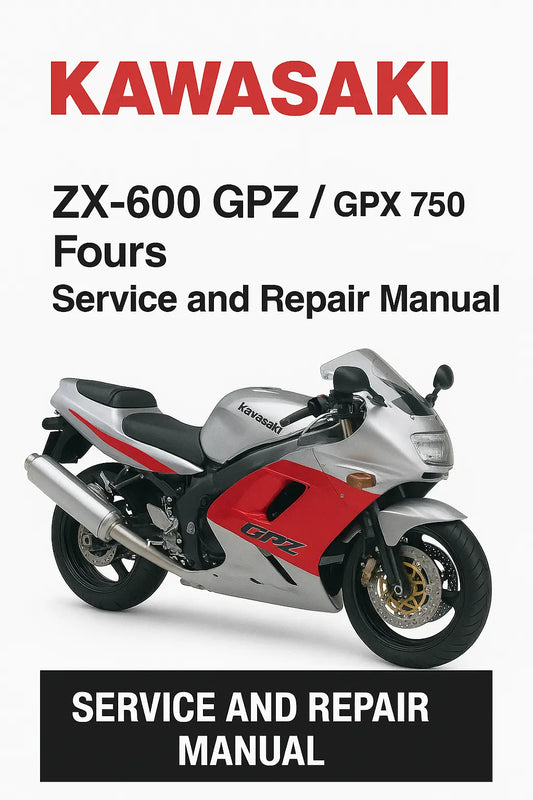Kawasaki ZX-600 GPZ / GPX 750 Fours service and repair manual cover with a motorcycle image.