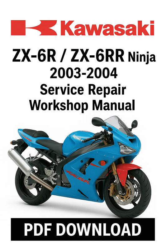 Kawasaki ZX-6R/ZX-6RR Ninja service repair workshop manual cover with a blue motorcycle on a white background.