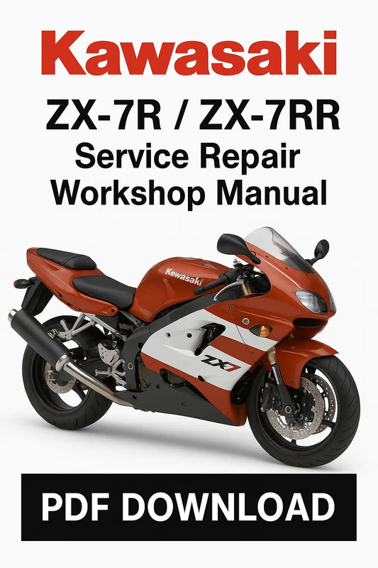 Kawasaki ZX-7R/ZX-7RR service repair workshop manual PDF download on a white background with a red and white motorcycle.