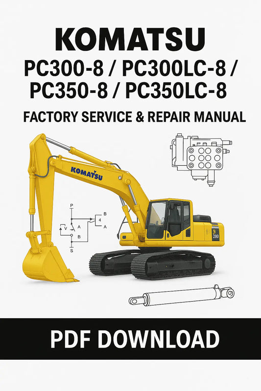 Download the complete Komatsu PC300-8, PC300LC-8, PC350-8, and PC350LC-8 hydraulic excavator shop manual in PDF from ManualsBay.com – includes engine, hydraulic, electrical, and troubleshooting guides.
