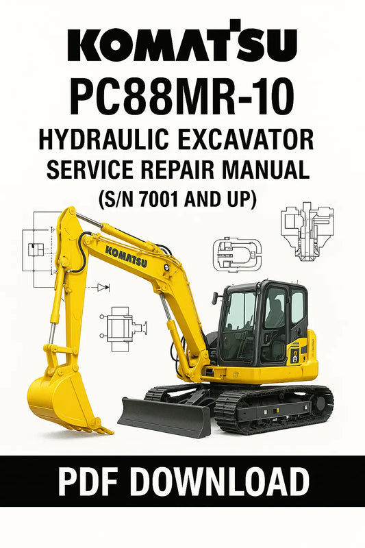 Download the complete Komatsu PC88MR-10 hydraulic excavator shop manual in PDF from ManualsBay.com – includes engine, hydraulics, electrical, and troubleshooting guides.