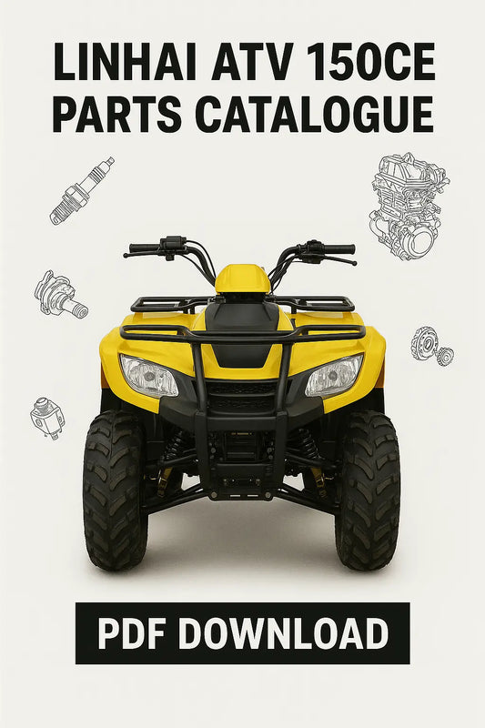 Yellow ATV with parts illustrations and text for Linhai ATV 150CE parts catalogue on a white background.