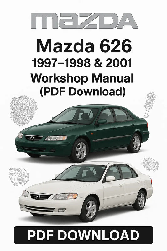 Mazda 626 workshop manual cover with two cars and text on a white background
