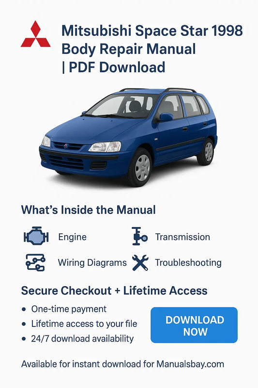 Advertisement for Mitsubishi Space Star 1998 body repair manual PDF download with a blue car image.