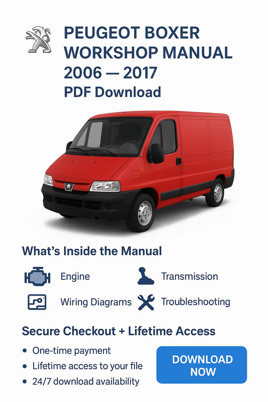Red Peugeot Boxer van with workshop manual information on a white background